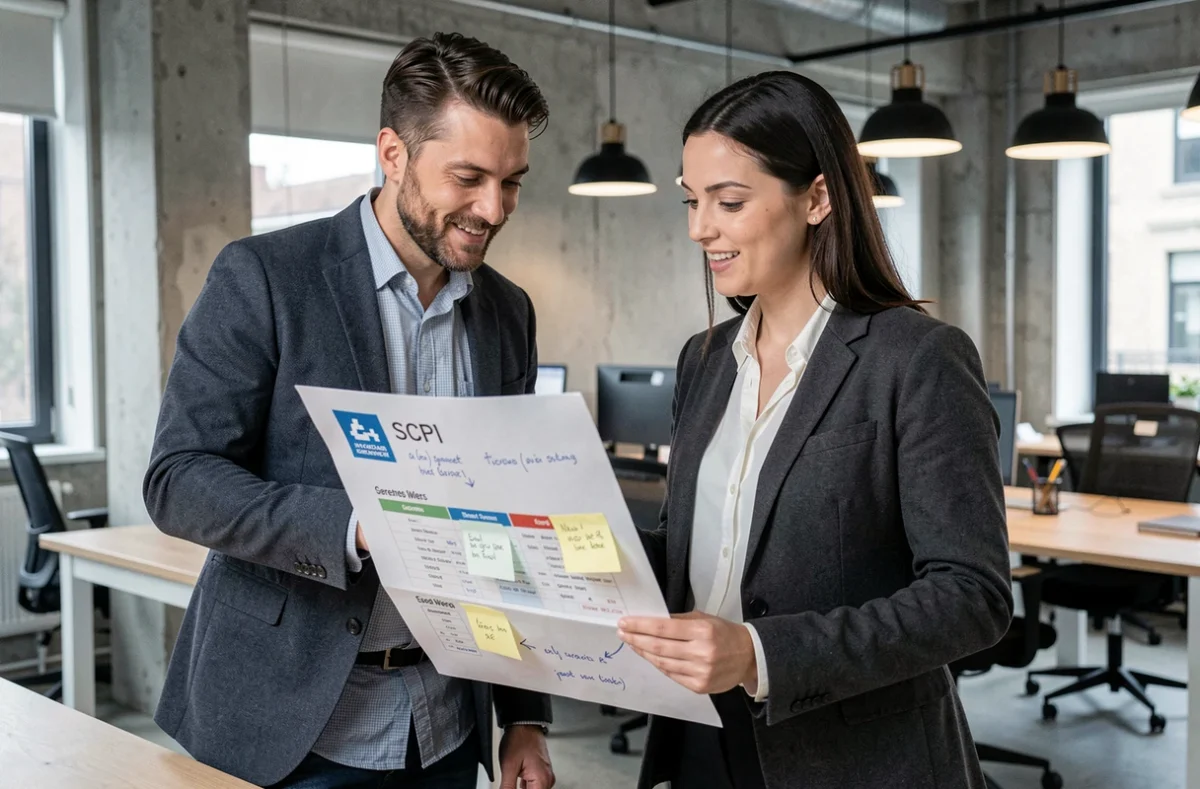 Deux collègues comparant un tableau de SCPI en réunion dans un espace de coworking moderne pour préparer un investissement