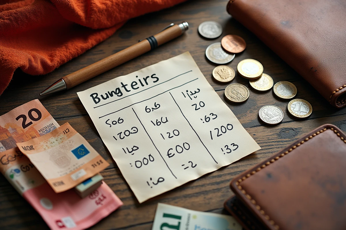 Comparaison de dirhams marocains et d'euros posés sur une table en bois avec un budget de voyage manuscrit