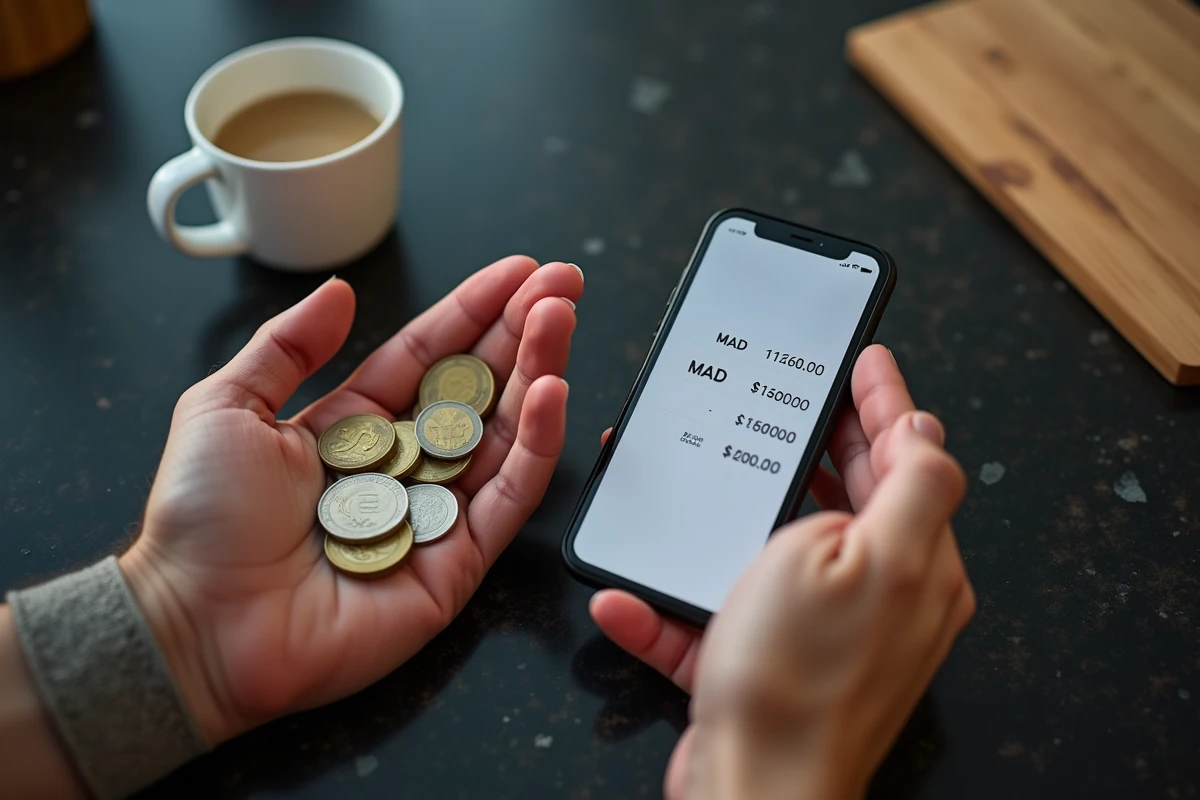 Comparaison de pièces de monnaie en dirhams marocains et en euros avec application de conversion sur smartphone