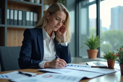 Comptable femme calculant les acomptes d'impôt sur les sociétés dans un bureau moderne