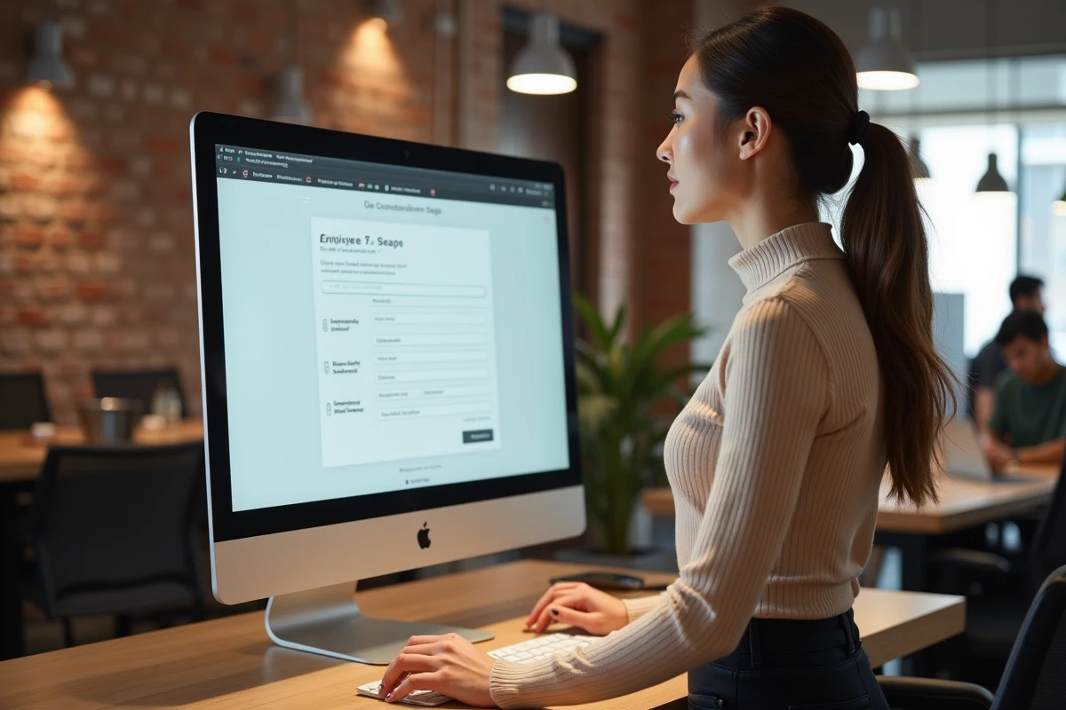 Jeune salariée configurant son espace personnel sur myarkevia depuis un poste de travail en espace de coworking