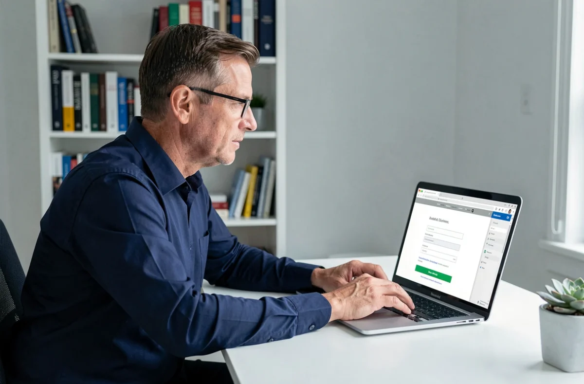 Homme se connectant à son compte Nickel sur ordinateur portable dans un bureau à domicile