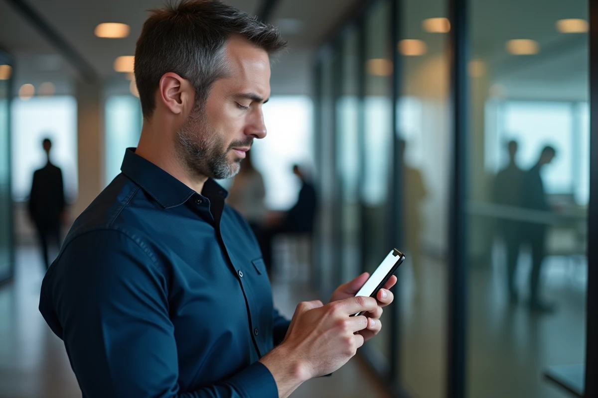 Homme consultant son espace client Société Générale sur smartphone depuis un bureau professionnel