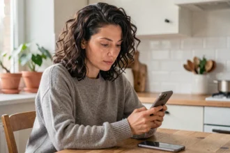 Femme consultant son espace client Nickel sur smartphone depuis son appartement
