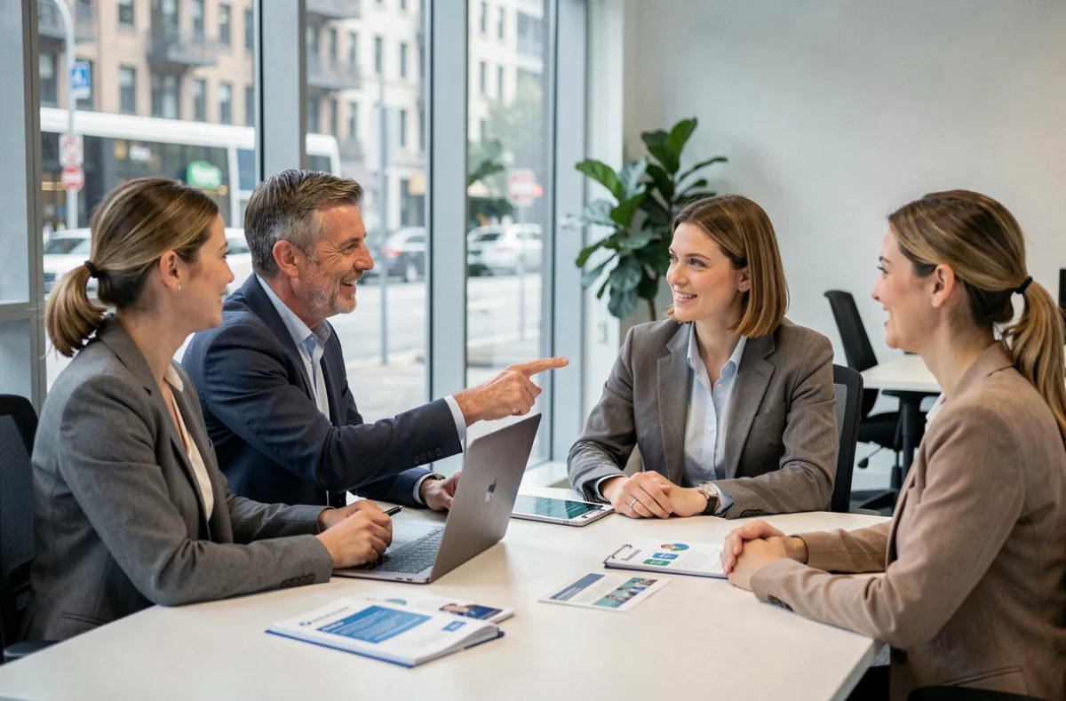 Conseiller en assurance présentant un plan de protection familiale à un couple dans un bureau moderne