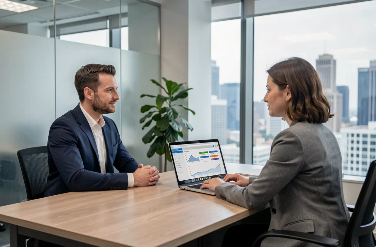 Conseiller financier présentant une offre d'assurance de prêt immobilier à une cliente dans un bureau moderne