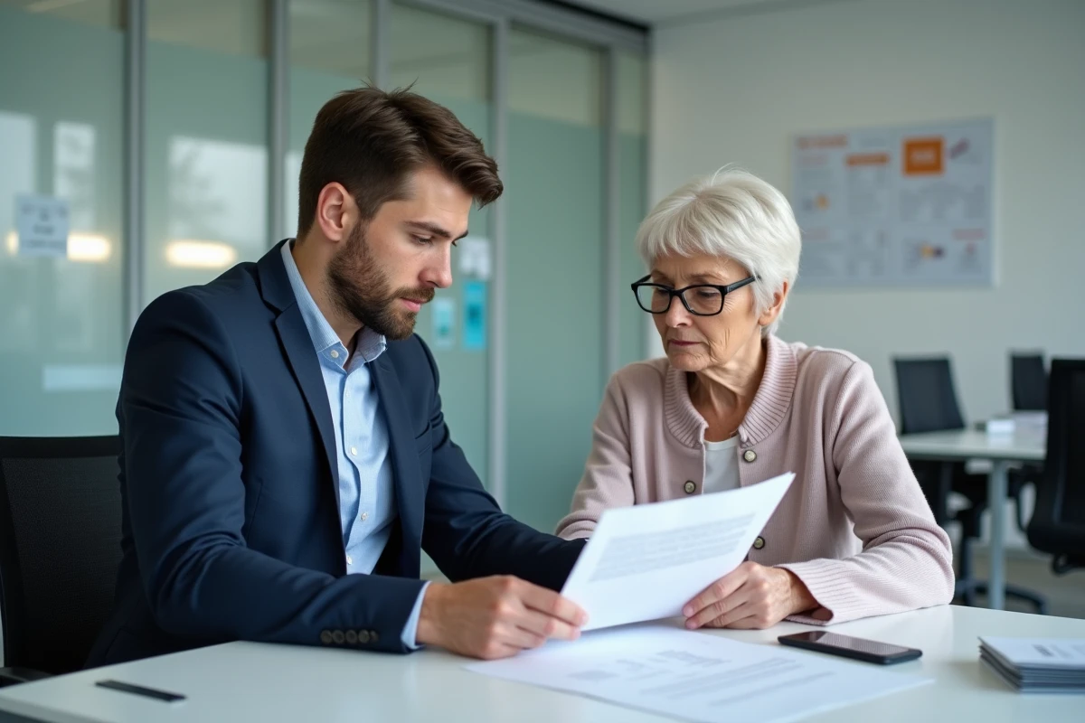 Jeune conseiller bancaire expliquant un document à une cliente âgée