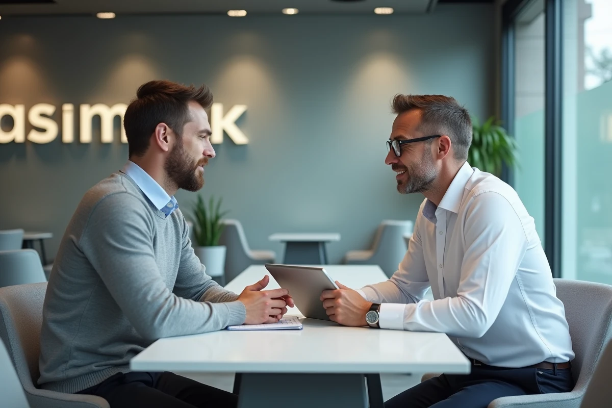 Conseiller bancaire expliquant les options de procuration à un client dans une agence moderne