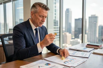 Conseiller financier examinant un lingot d'or 24 carats sur un bureau avec des documents d'investissement