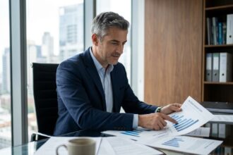 Conseiller financier analysant des documents d'investissement en SCPI dans un bureau moderne avec vue sur la ville