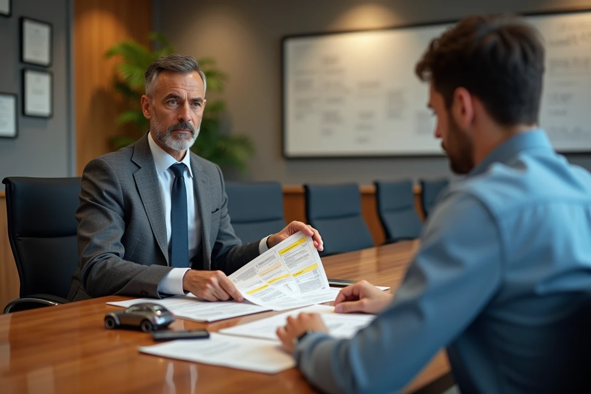 Conseiller fiscal et chef d'entreprise discutant des règles d'amortissement non déductible des véhicules de tourisme lors d'une réunion en salle de conférence