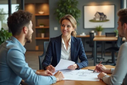 Conseillère immobilière discutant avec un couple dans un bureau moderne