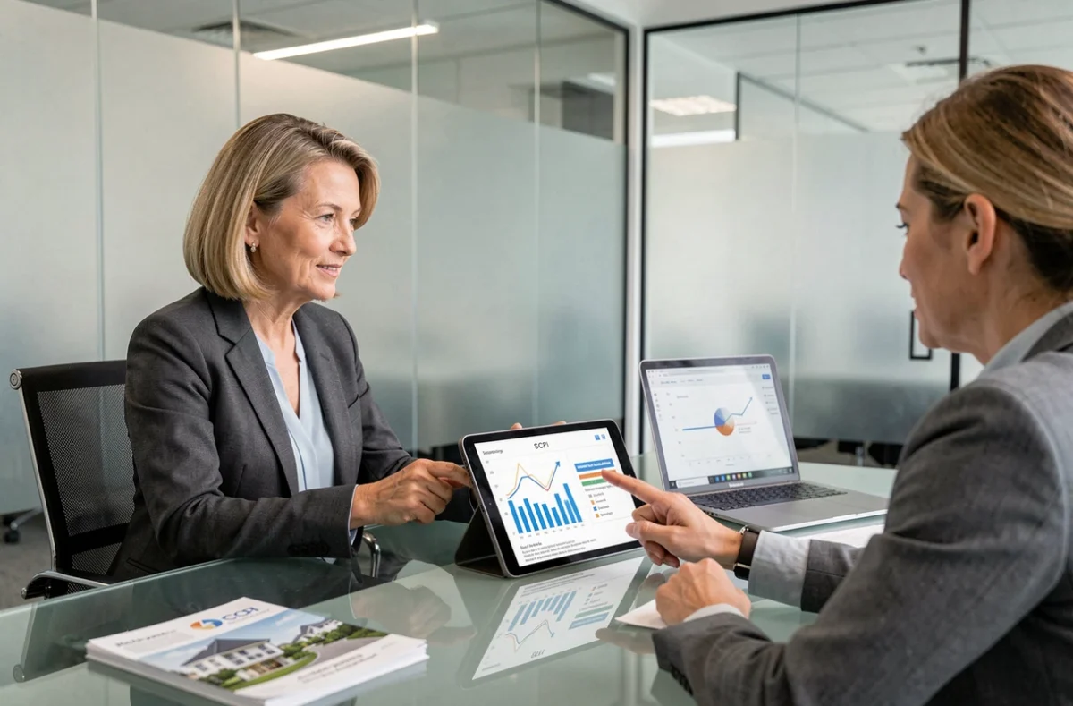Conseillère financière expliquant l'IFI et les SCPI en assurance vie à un couple de clients dans un bureau professionnel
