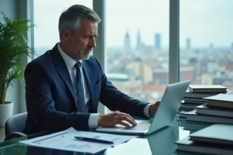 Consultant financier examinant des documents réglementaires anti-fraude dans un bureau moderne avec vue sur une ville européenne