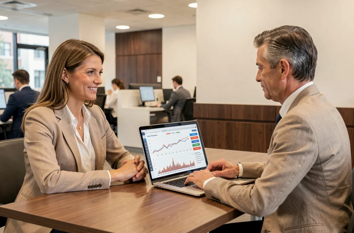 Une femme consulte un conseiller financier sur les avantages fiscaux d'une SCPI Pinel dans une agence bancaire moderne