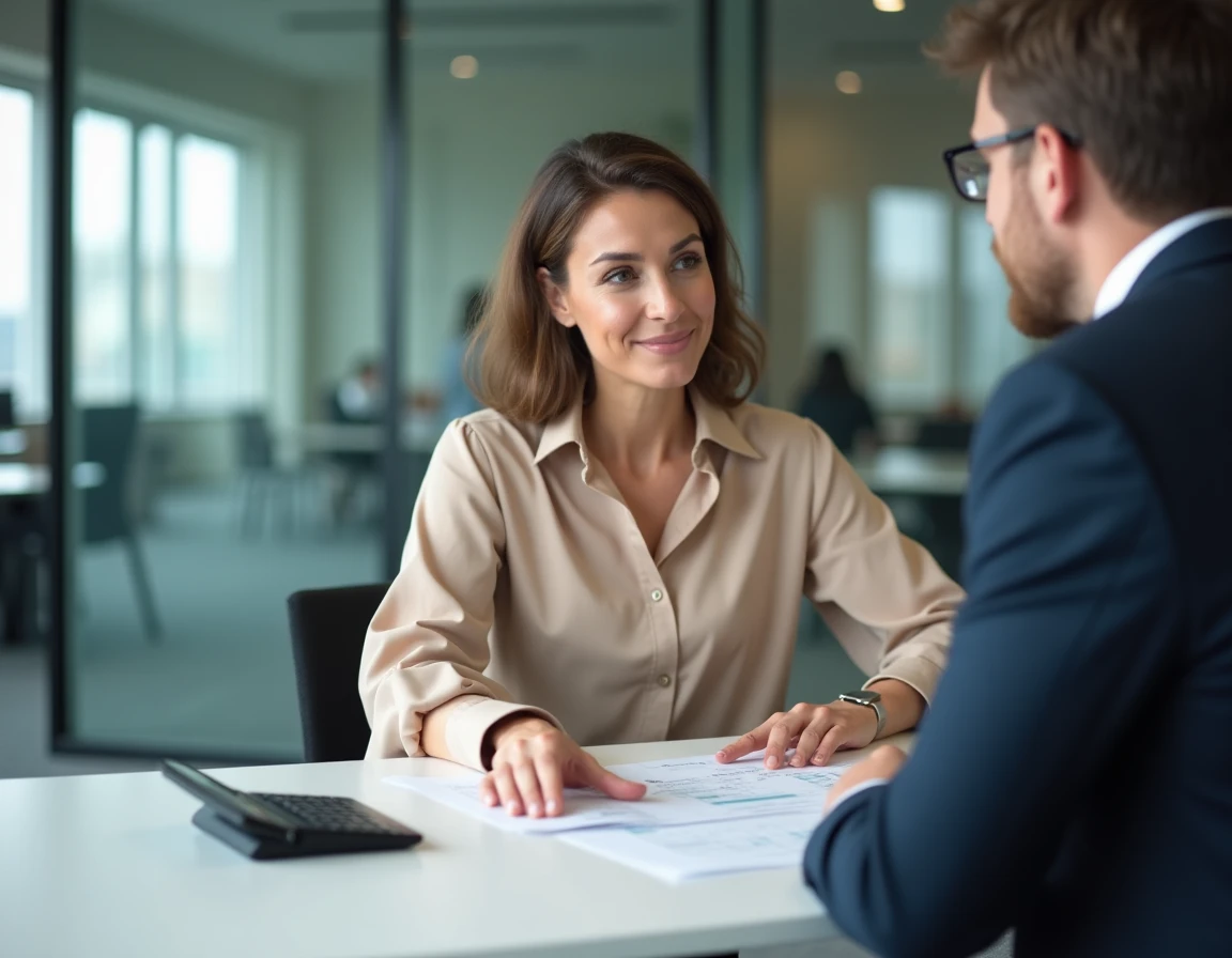 Femme consultant un conseiller financier pour trouver des solutions légales face à une condamnation pécuniaire ou amende