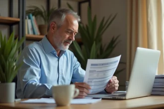 Homme consultant ses relevés bancaires dématérialisés sur ordinateur portable et documents papier dans un bureau à domicile