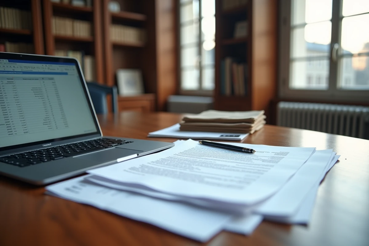 Contrats de travail et documents financiers sur un bureau parisien représentant les négociations salariales dans le milieu audiovisuel