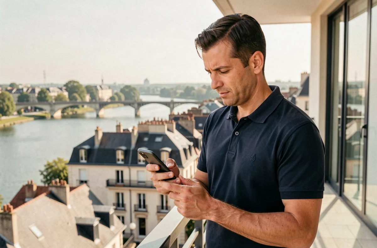 Conducteur bordelais consultant les offres de courtage Coover sur son smartphone depuis une terrasse avec vue sur la Garonne