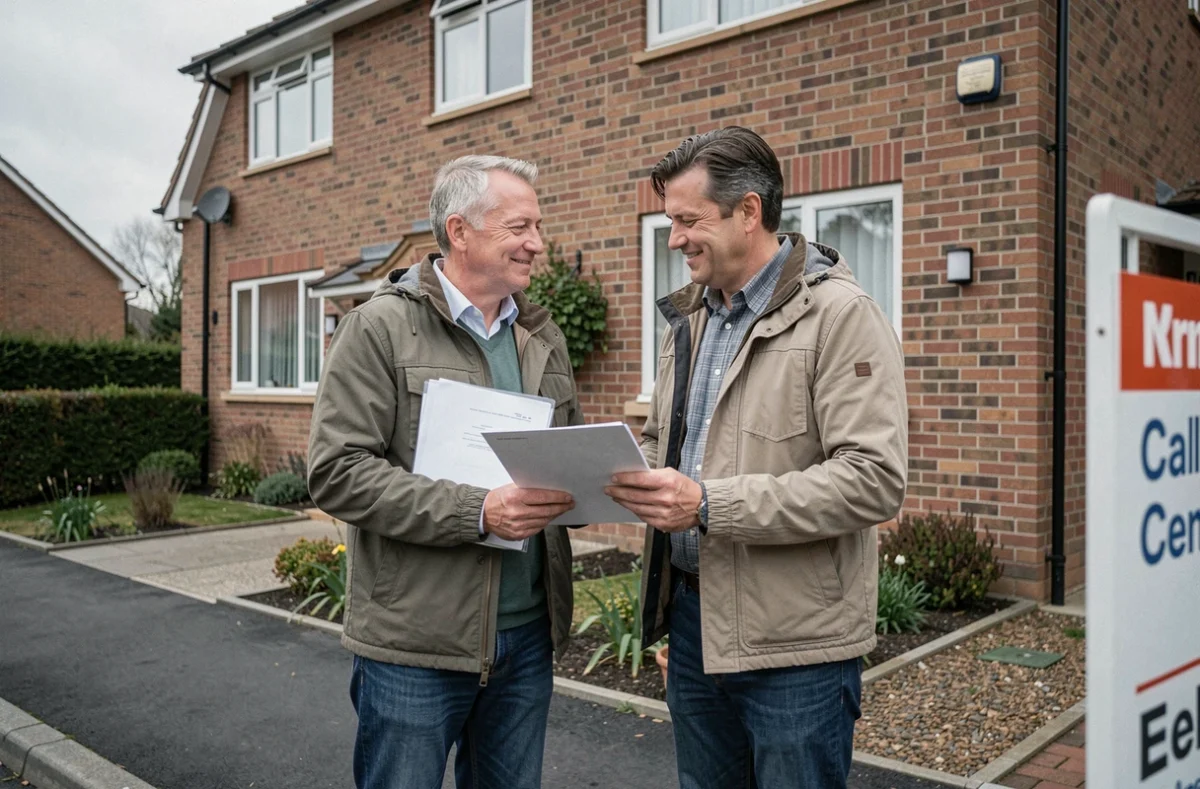 Un couple devant leur future maison tenant les documents liés à leur assurance emprunteur immobilier