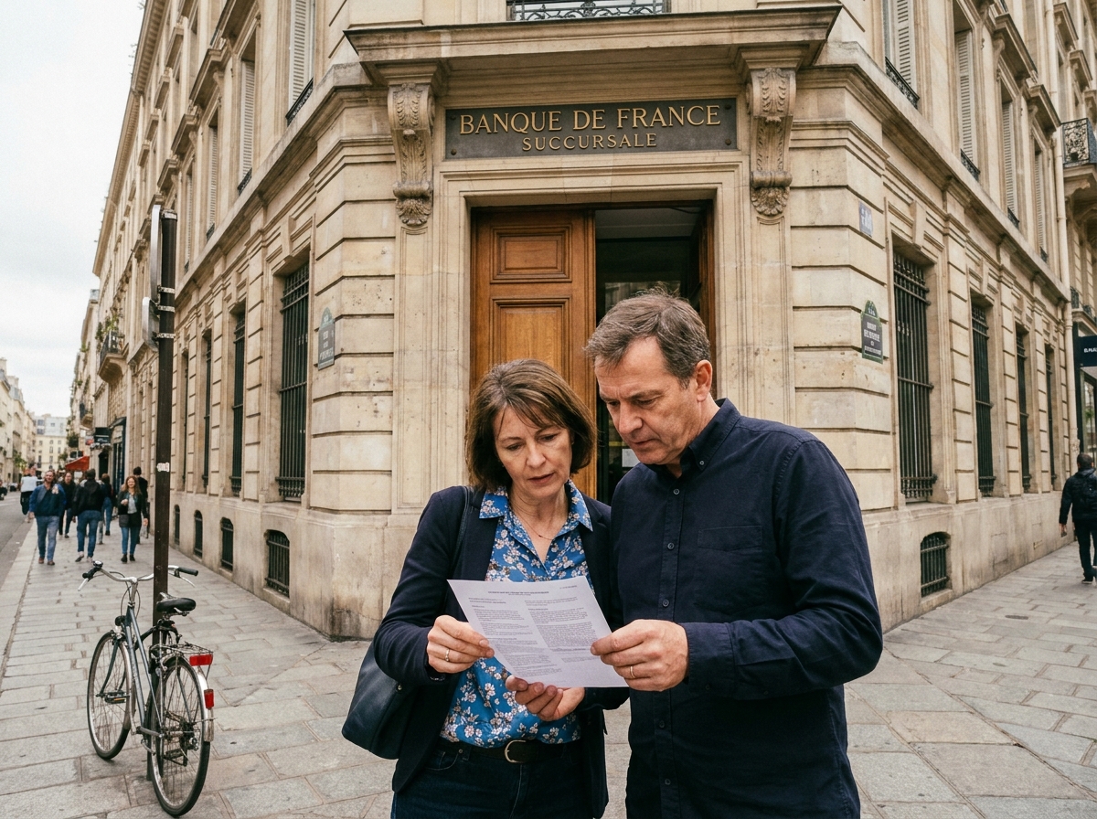 Couple devant l'entrée d'une agence Banque de France tenant des documents pour faire valoir leur droit au compte