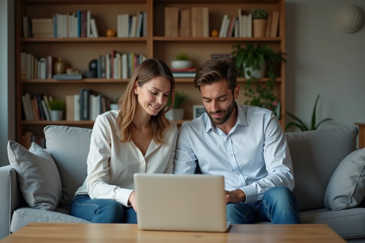 Couple consultant ensemble un blog de conseils en finances personnelles sur un ordinateur portable dans leur salon