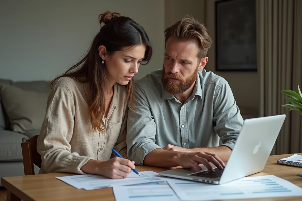 Couple en train de réviser leur budget familial face aux nouveaux tarifs La Banque Postale 2026 autour d'une table dans leur salon