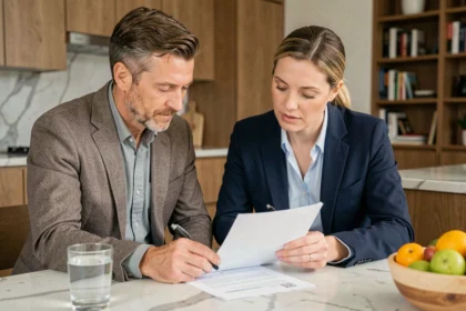 Couple en train de comparer des offres d'assurance emprunteur autour d'une table de cuisine moderne