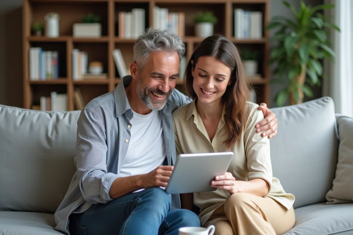Couple paramétrant ensemble leur compte en ligne Caisse d'Epargne sur une tablette pour optimiser la gestion de leur budget familial