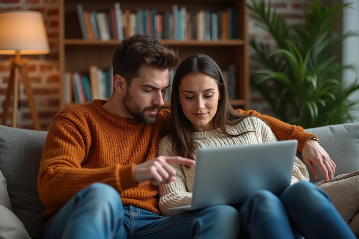 Couple de jeunes adultes consultant un rapport de confiance consommateurs Intrum 2026 sur laptop à domicile