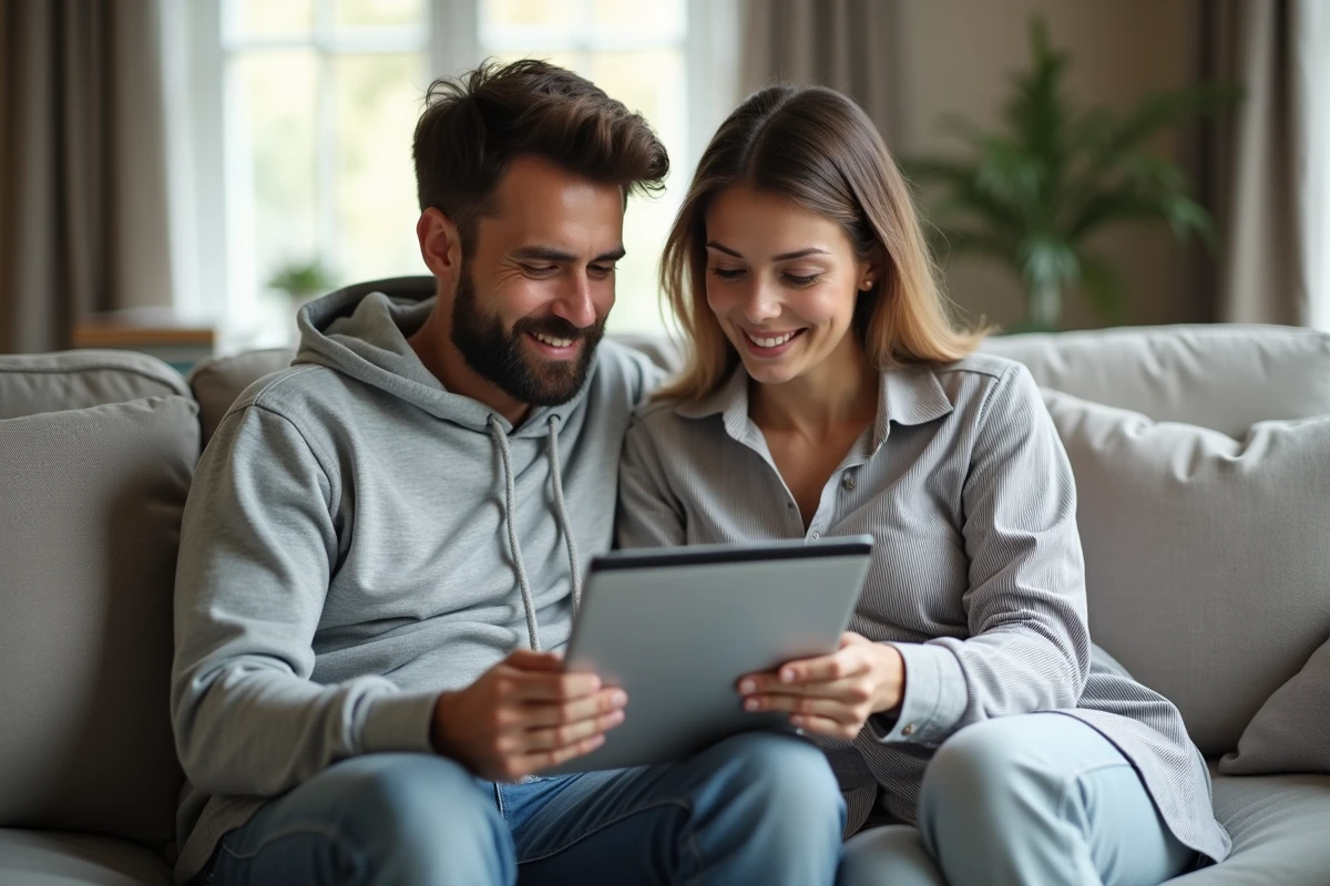 Couple découvrant ensemble les ETF sur une tablette dans leur salon pour débuter en bourse sans stress