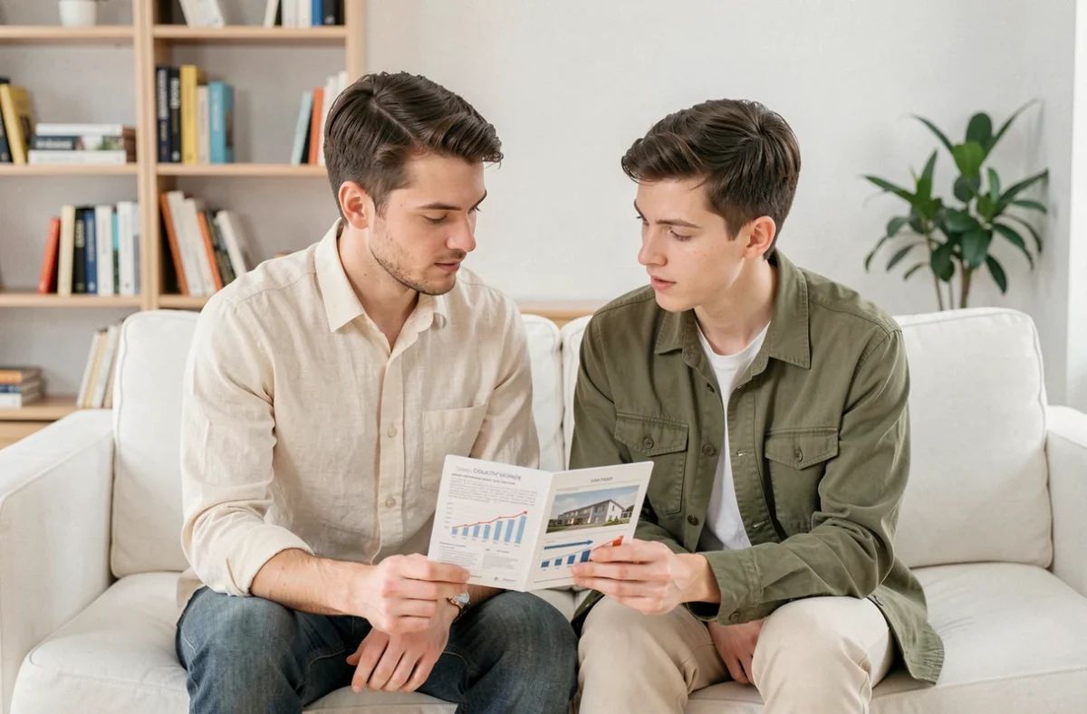 Couple de jeunes adultes étudiant une brochure de placement immobilier SCPI dans leur salon
