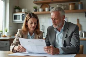 Couple d'adultes examinant un relevé bancaire à la maison