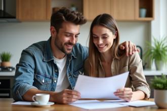 Jeune couple regardant des documents financiers dans un appartement