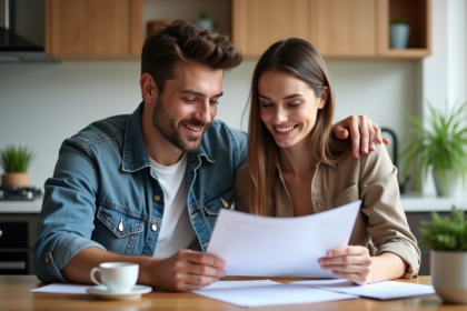 Jeune couple regardant des documents financiers dans un appartement