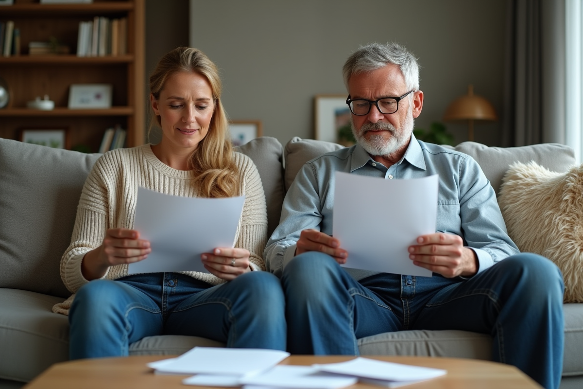 Couple discutant de papiers dans un salon familial