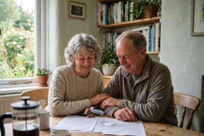 Couple retraité souriant discutant de documents santé