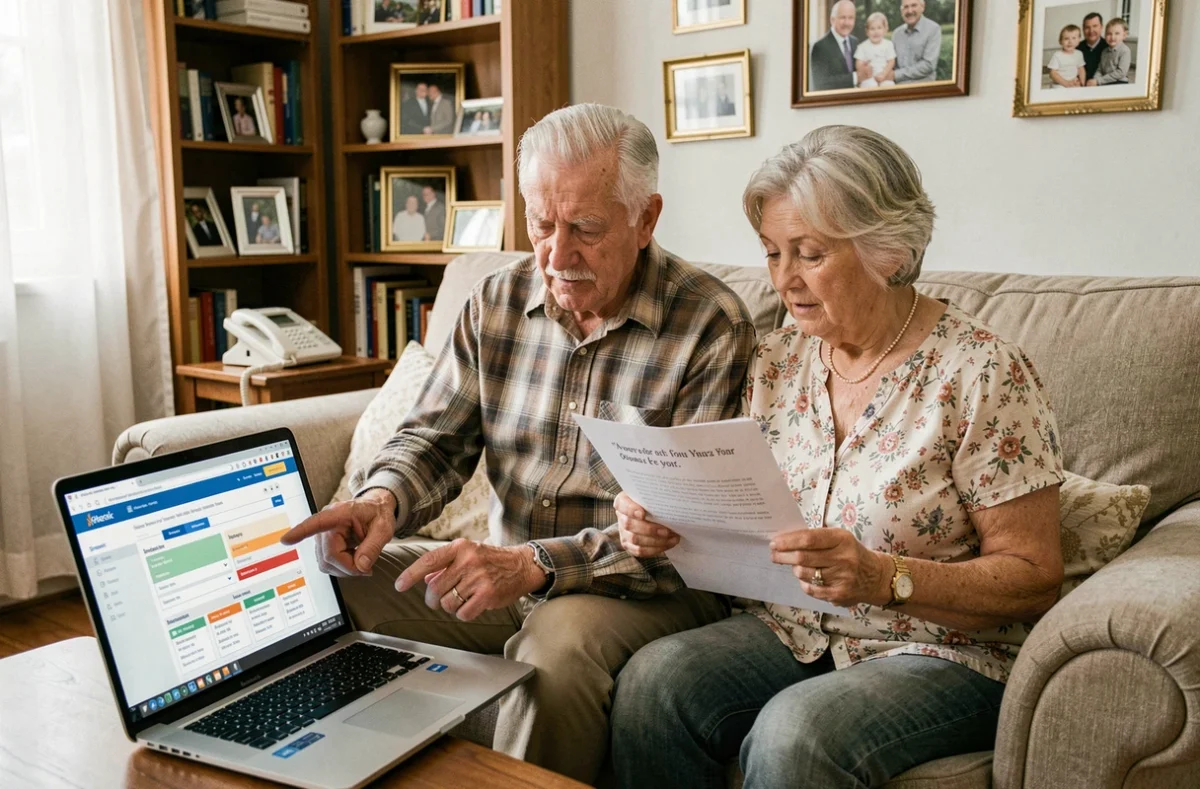 Couple de seniors comparant les prix d'une mutuelle communale sur un ordinateur