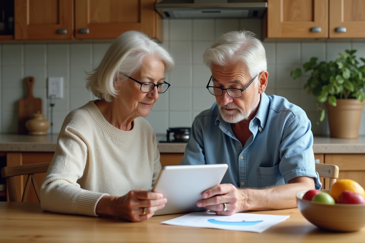 Couple de seniors consultant ensemble leurs relevés bancaires imprimés et leur espace bancaire en ligne sur tablette dans une cuisine