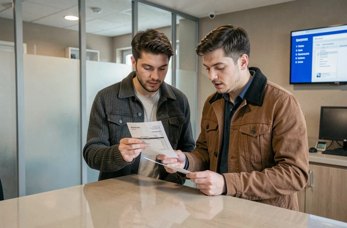 Couple vérifiant un reçu de virement instantané au guichet d'une agence Caisse d'Épargne