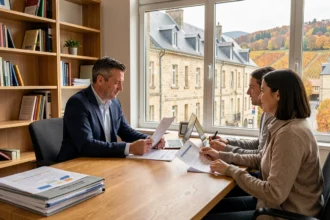 Un courtier en assurance emprunteur conseille un couple dans un bureau régional de Bourgogne-Franche-Comté avec des documents de prêt immobilier sur la table