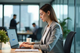 Femme en blazer gris créant son espace salarié sur un portail en ligne depuis son bureau en open space