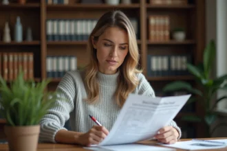 Femme qui consulte sa déclaration fiscale avec la ligne 2BH à son bureau à domicile