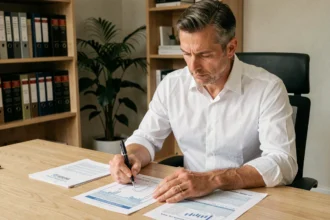 Homme d'âge mûr analysant sa déclaration fiscale SCPI et assurance vie à son bureau à domicile