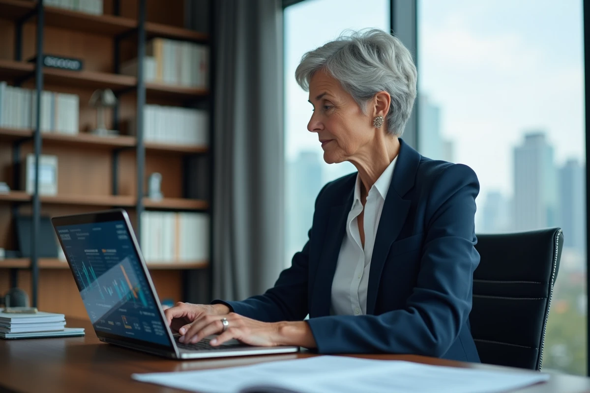 Directrice financière senior utilisant un ordinateur tactile dans son bureau