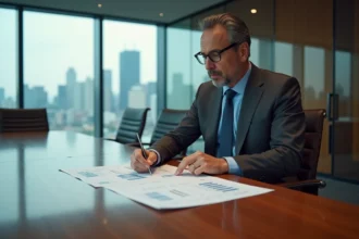 Dirigeant d'entreprise analysant des bilans financiers dans une salle de conseil moderne