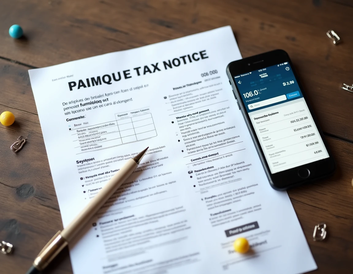 Vue aérienne de documents d'impôts fonciers, d'un échéancier de mensualisation et d'un smartphone affichant des paiements bancaires programmés