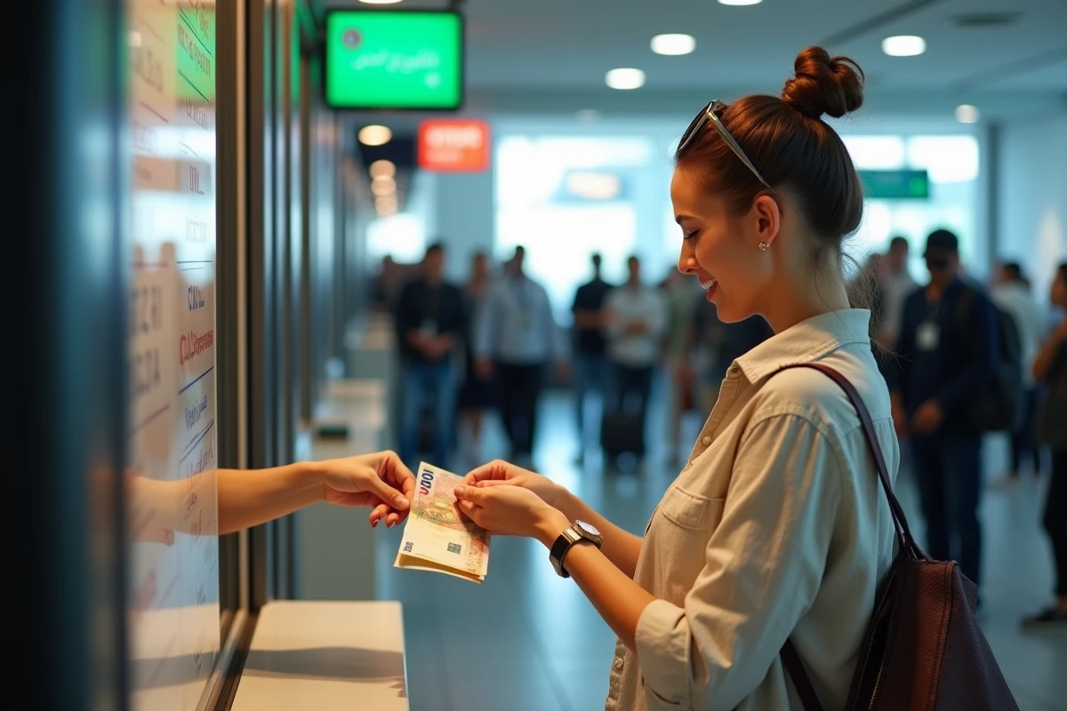 Touriste échangeant des euros contre des dirhams dans un bureau de change à Abu Dhabi aux Émirats arabes unis