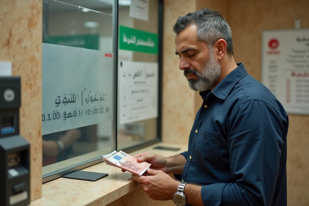 Touriste échangeant des euros contre des dirhams marocains au guichet d'une banque au Maroc