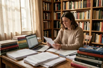 Une écrivaine assise à son bureau encombré de livres et de documents financiers, l'air préoccupée par sa situation économique